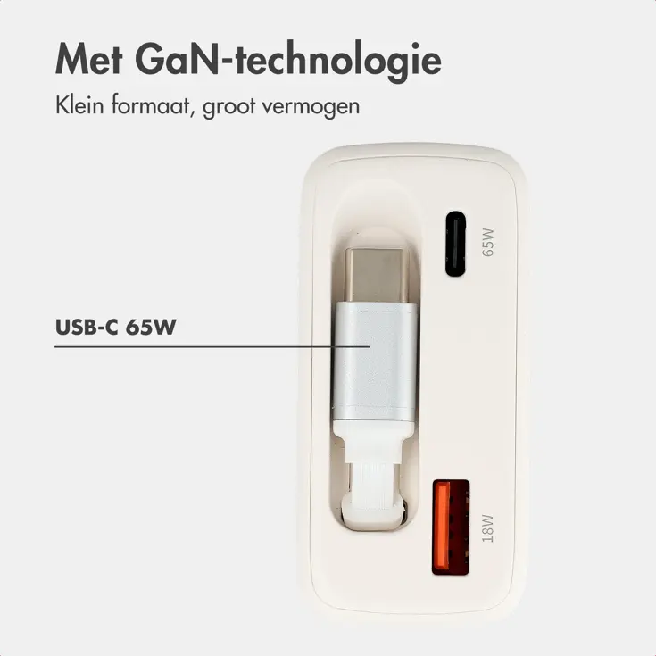 65W Oplader uittrekbare USB-C kabel USB-A + USB-C