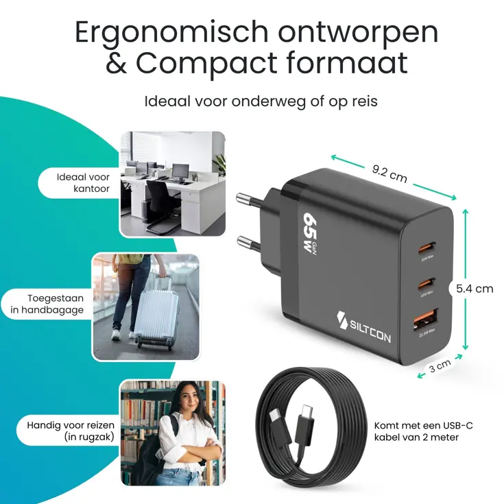 Snellader - 65W - 2x USB-C + USB-A