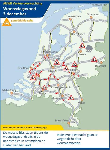 Woensdagavond een gemiddelde spits. Meeste files in de Randstad, het midden en het zuiden van het land.
