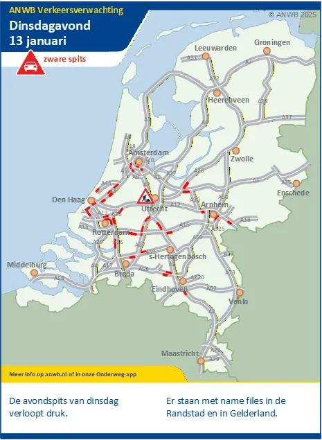 Dinsdagavond een drukke/zware spits. Meeste files in de Randstad en Gelderland.