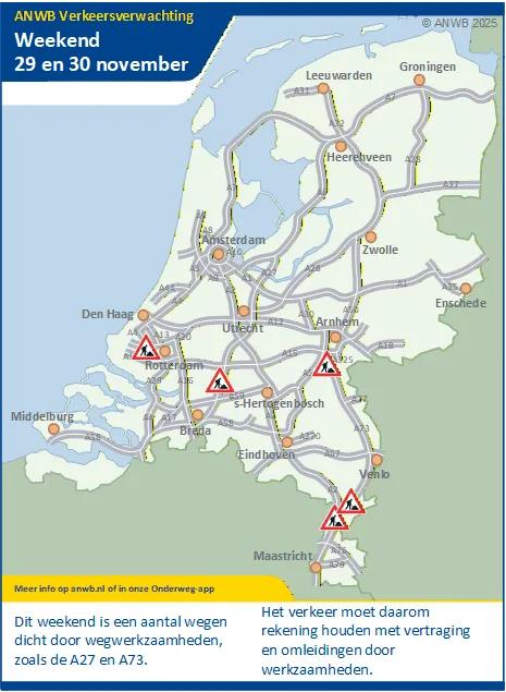 Dit weekend vertraging mogelijk door wegwerkzaamheden (wegafsluitingen).