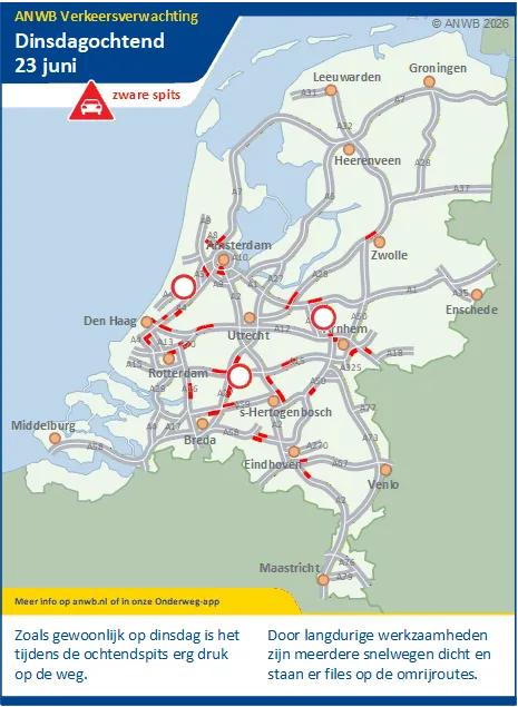 Dinsdag zware ochtendspits. Langdurige werkzaamheden en files bij omrijroutes.