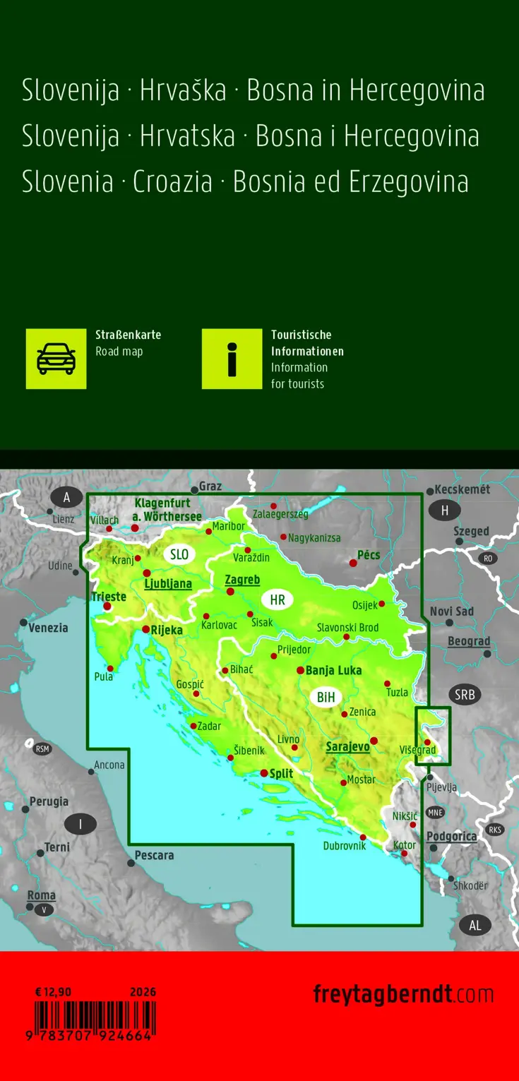 Wegenkaart Slovenië, Kroatië, Bosnië-Herzogin