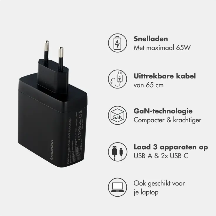 65W Oplader uittrekbare USB-C kabel USB-A + USB-C