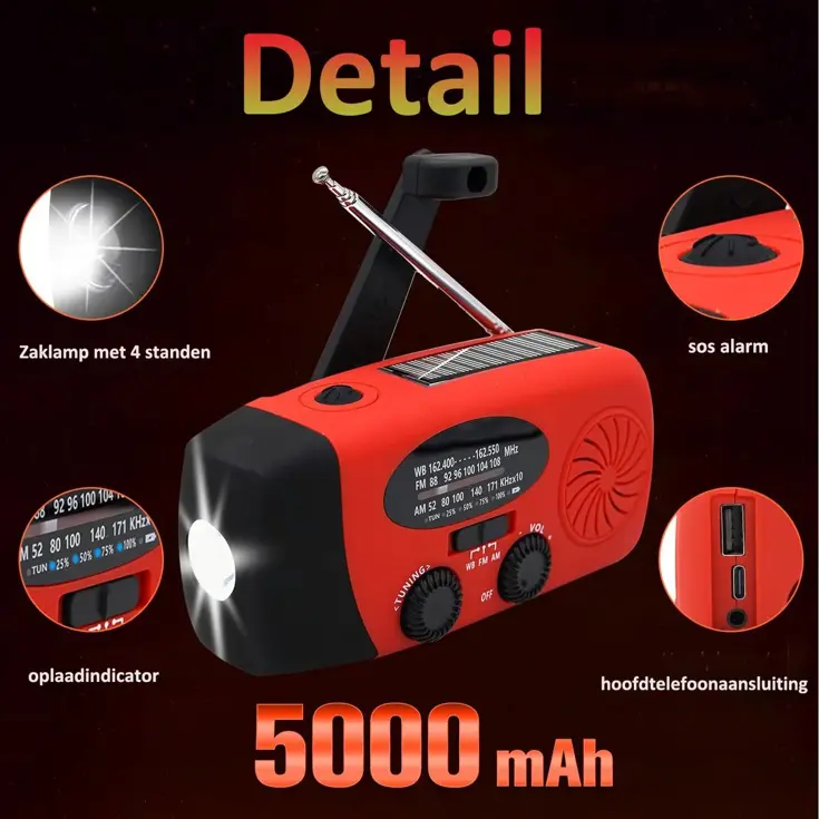 Noodradio Solar Opwindbaar - FM/AM - 5000mAh