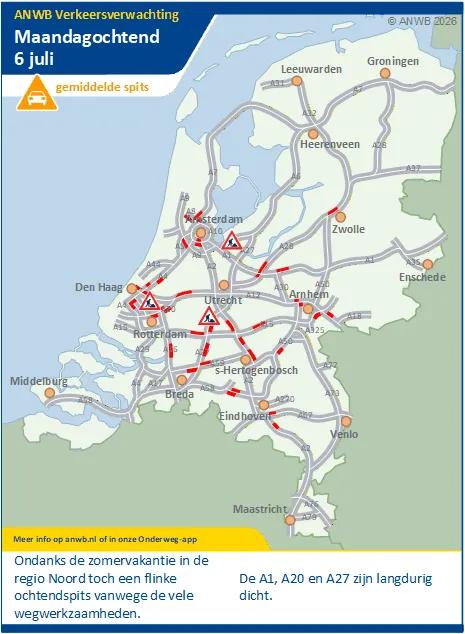 Maandagochtend toch een flinke ochtendspits verwacht, ondanks de zomervakantie in het noorden.