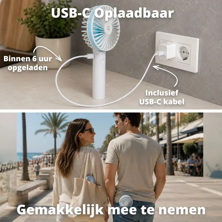 Oplaadbare Handventilator - Wit/Blauw