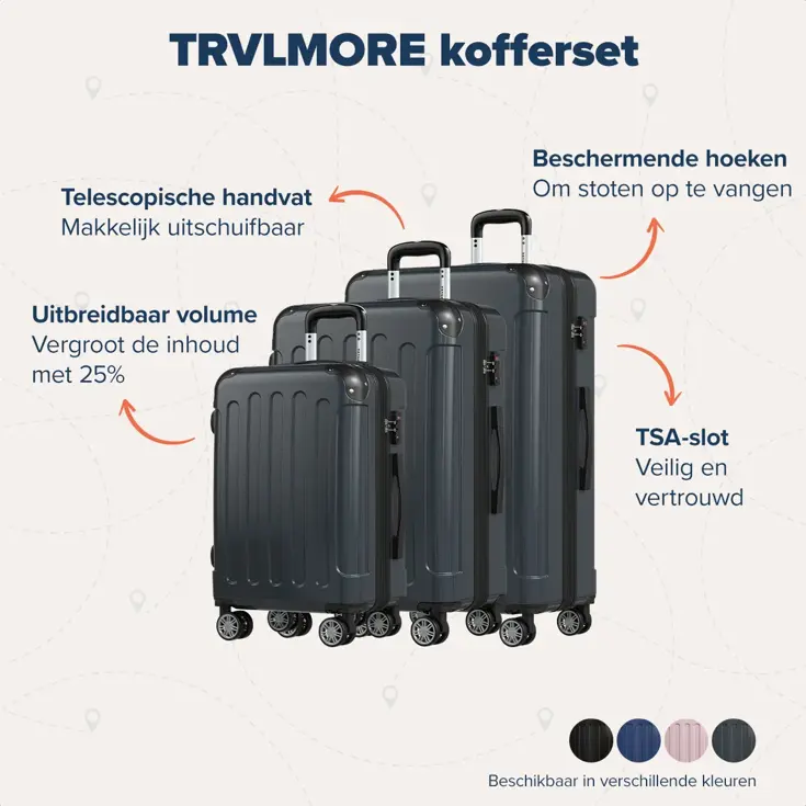 Kofferset – 3 Delig – 45L – Donkergrijs