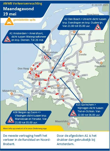 Verkeersverwachting maandagmiddag / -avond 19 mei: Een gemiddelde spits. Meeste vertraging in de Randstad en Noord-Brabant.