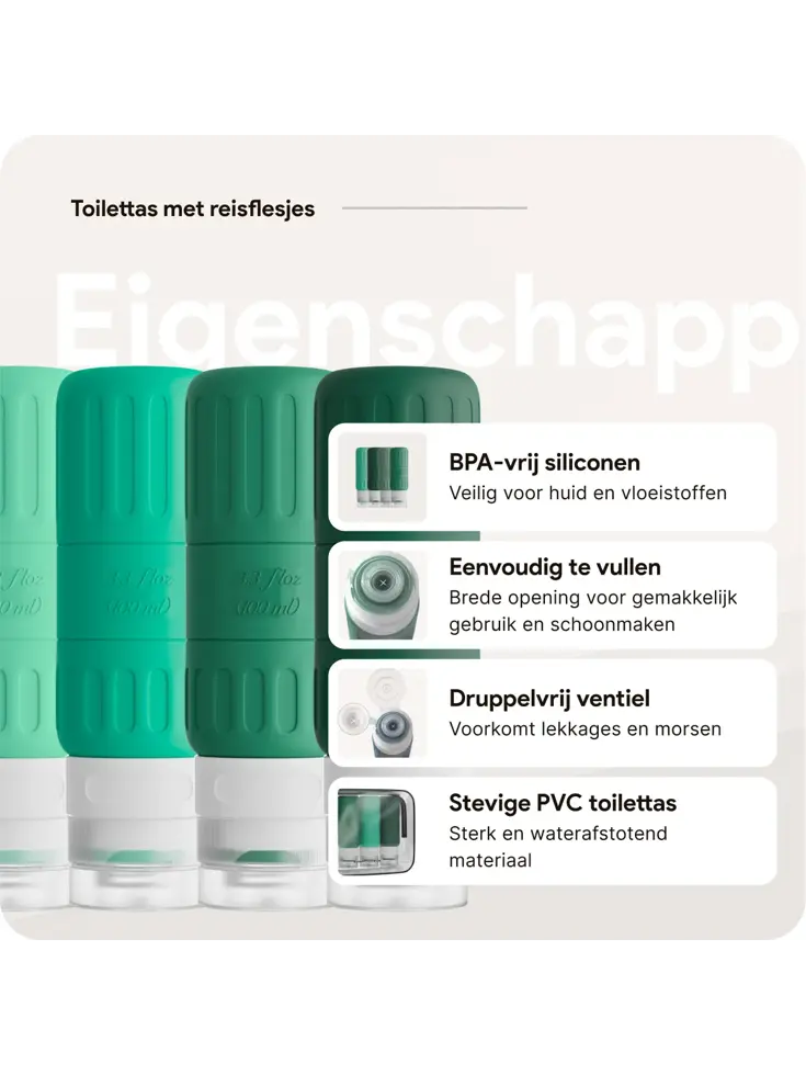 Toilettas met reisflesjes – 12-delig – Groen