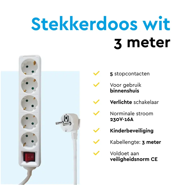 Stekkerdoos 5‑voudig met schakelaar – 3 m