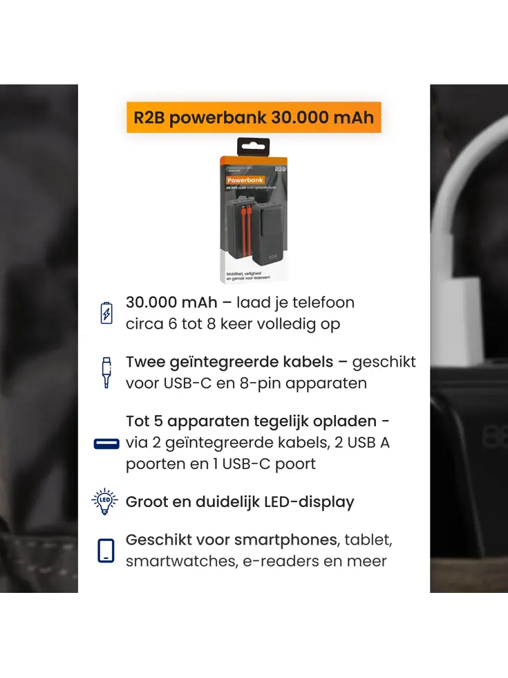 Powerbank 30000 mAh met Ingebouwde Kabels