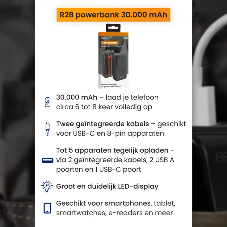 Powerbank 30000 mAh met Ingebouwde Kabels