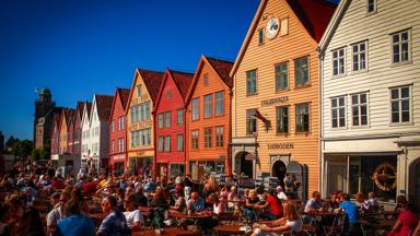 Crowds at a bar on Bryggen in Bergen, Norway
