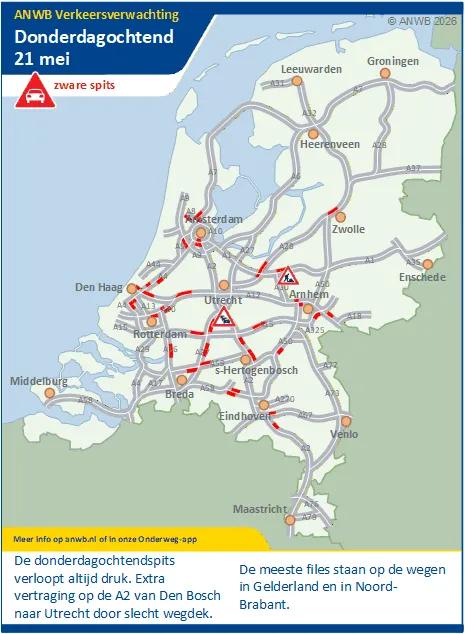 Donderdagochtend een drukke/zware spits. Meeste files in Gelderland en in Noord-Brabant.
