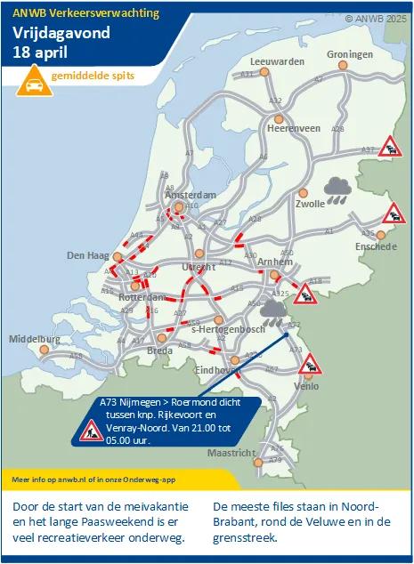 Verkeersverwachting vrijdagmiddag / -avond18 april: Een gemiddelde spits. Er is veel recreatieverkeer onderweg.