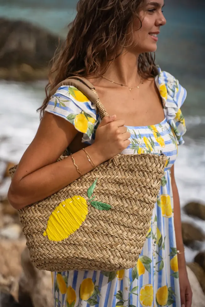 Sola - Rieten Mand - Strandtas - Citroen